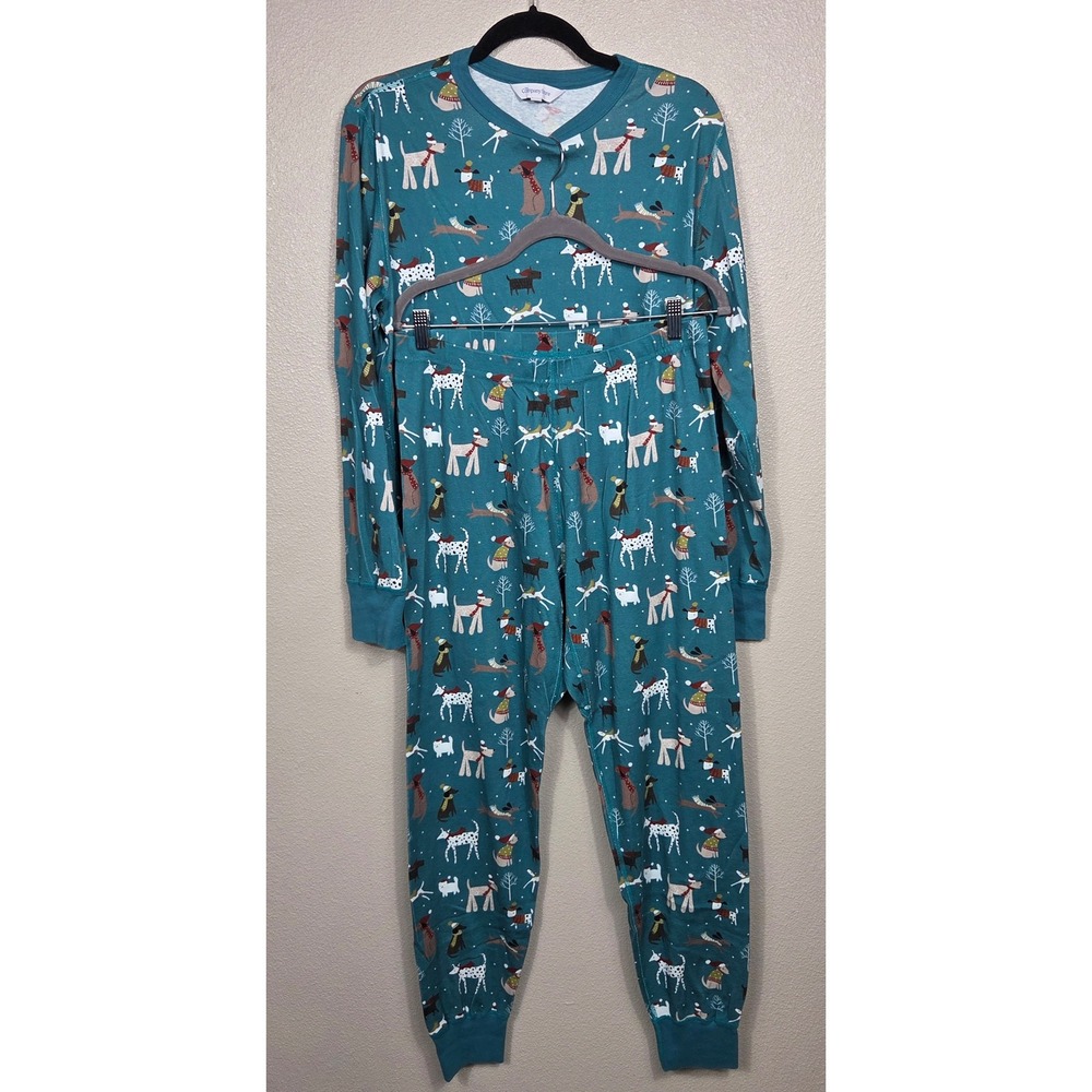 The Company Store Organic Cotton Pajama Set Women's S Teal Christmas Dogs